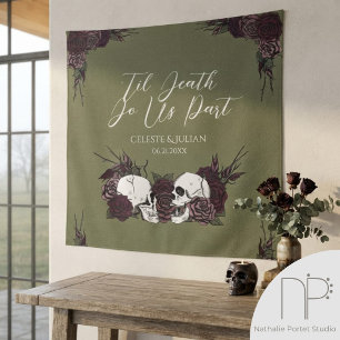 Gothic Til Death Olive Green Floral Skull Tapestry