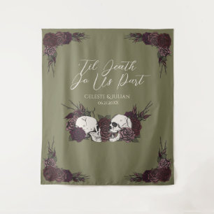 Gothic Til Death Olive Green Floral Skull Tapestry