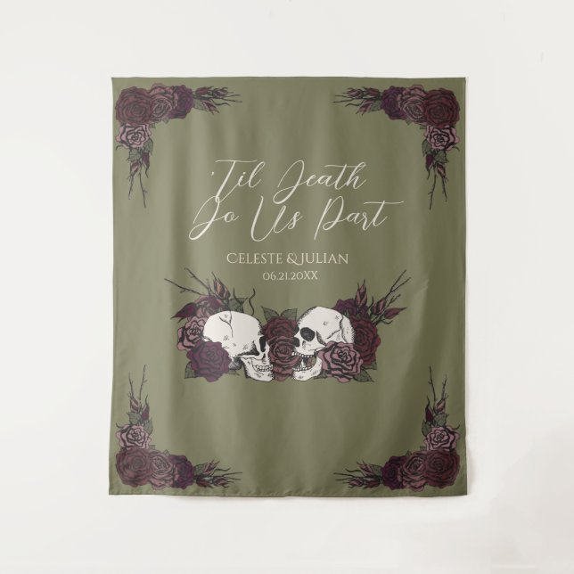 Gothic Til Death Olive Green Floral Skull Tapestry (Front)