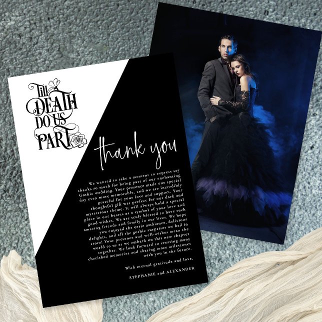 Gothic Till Death Do Us Part Photo Wedding Thank You Card (Front and back view)