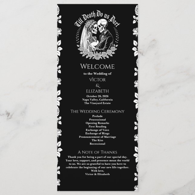 Gothic Till Death Do Us Part Skeleton Wedding  Programme (Front)