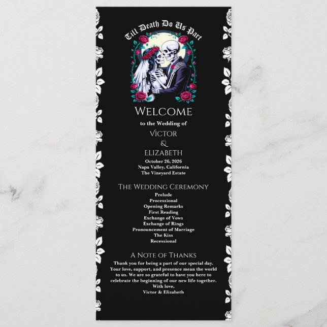 Gothic Till Death Roses Skeleton Black Wedding  Programme (Front)