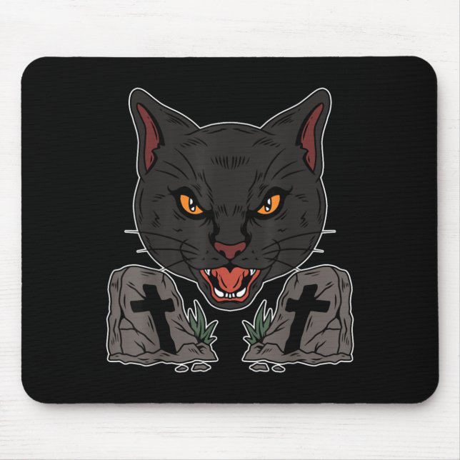 Gothic Tombstone Scary Black Cat Goth Halloween Mouse Pad (Front)