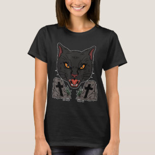 Gothic Tombstone Scary Black Cat Goth Halloween T-Shirt
