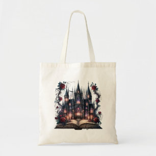Gothic Tote Bag with Open Book, Castle & Roses