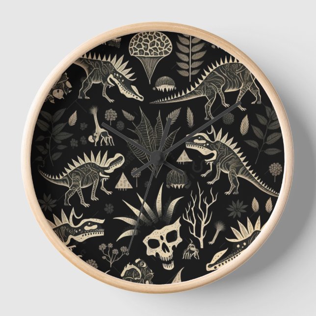 Gothic Tribal Dinosaur Skeleton Wall Clock (Front)