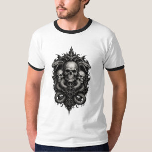 Gothic Triple Skull Ornate Crest T-Shirt