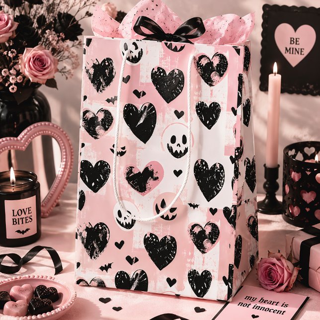 Gothic Valentine Black & Pink Hearts Medium Gift Bag (Creator Uploaded)