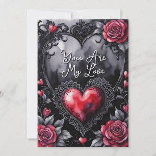Gothic Valentine Red Hearts Black Lace & Roses Holiday Card