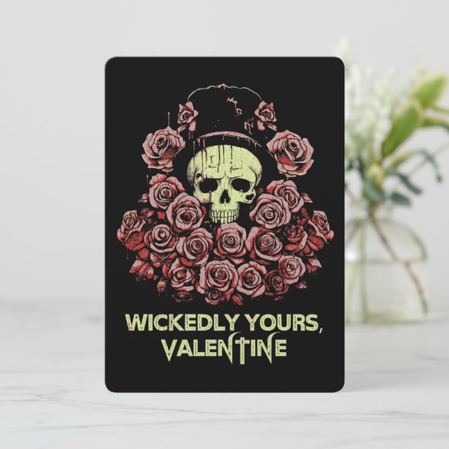 Gothic Valentine Skull with Roses Holiday Card (Standing Front)