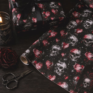 Gothic Valentine Skulls & Red Hearts Wrapping Paper