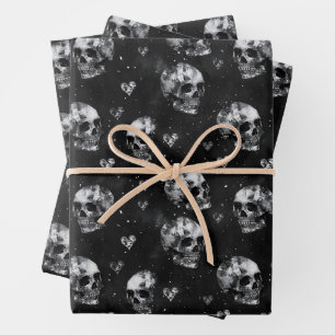 Gothic Valentine Skulls with Hearts  Wrapping Paper Sheet