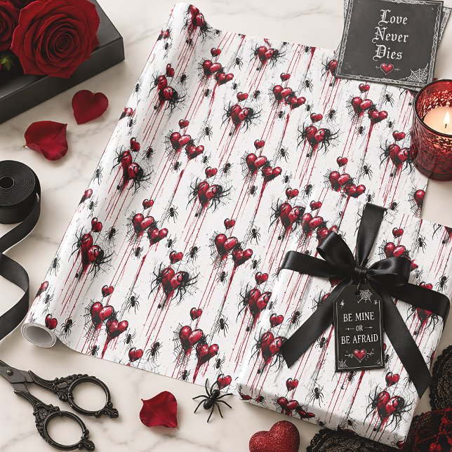 Gothic Valentine Spider Web & Red Hearts Wrapping Paper (Creator Uploaded)