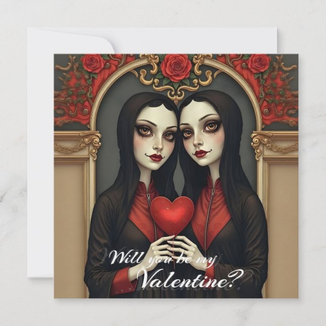 Gothic Valentine Twins with Red Heart Card (Front)