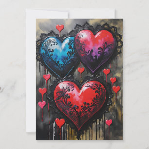 Gothic Valentine's Day Hearts Roses Red & Blue Holiday Card