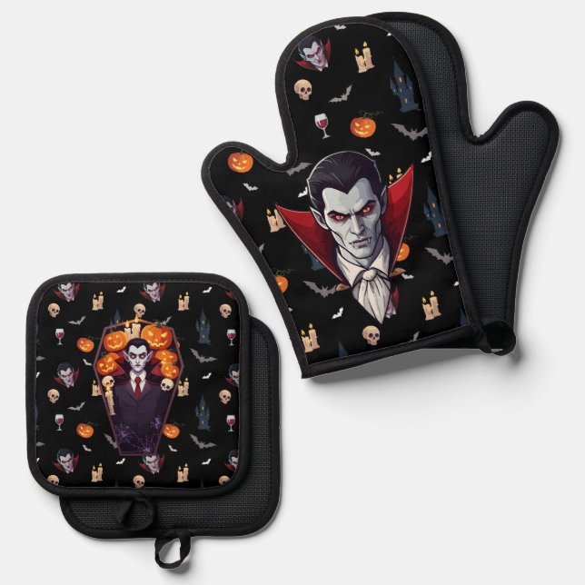 🧛‍♂️ Gothic Vampire Black Oven Mitt Set 🎃🖤 (Front/Back)
