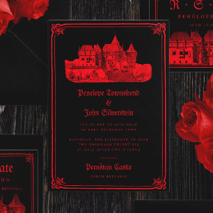 Gothic Vampire Castle Border Black Red Wedding  Invitation