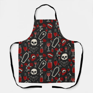 Gothic Vampire Pattern Red Roses Bats Skulls & P Apron