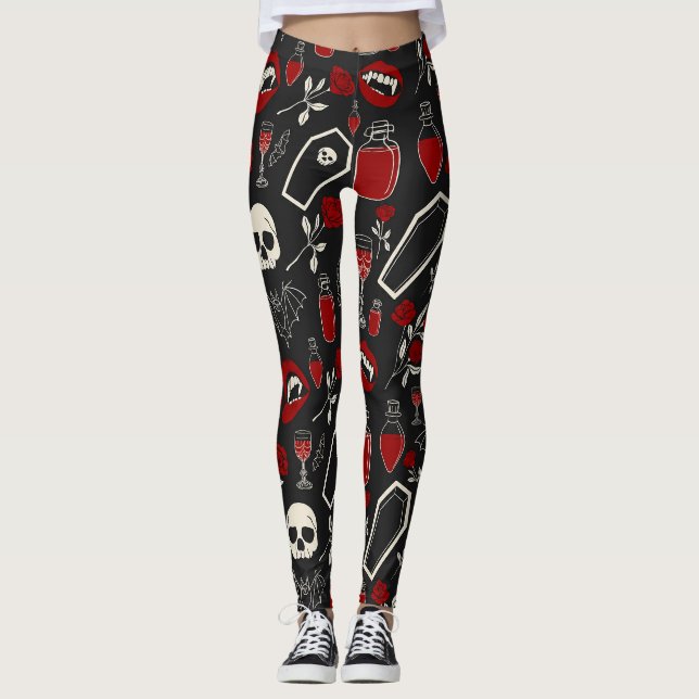 Gothic Vampire Pattern | Red Roses Bats Skulls & P Leggings (Front)