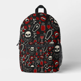Gothic Vampire Pattern | Red Roses Bats Skulls & P Printed Backpack