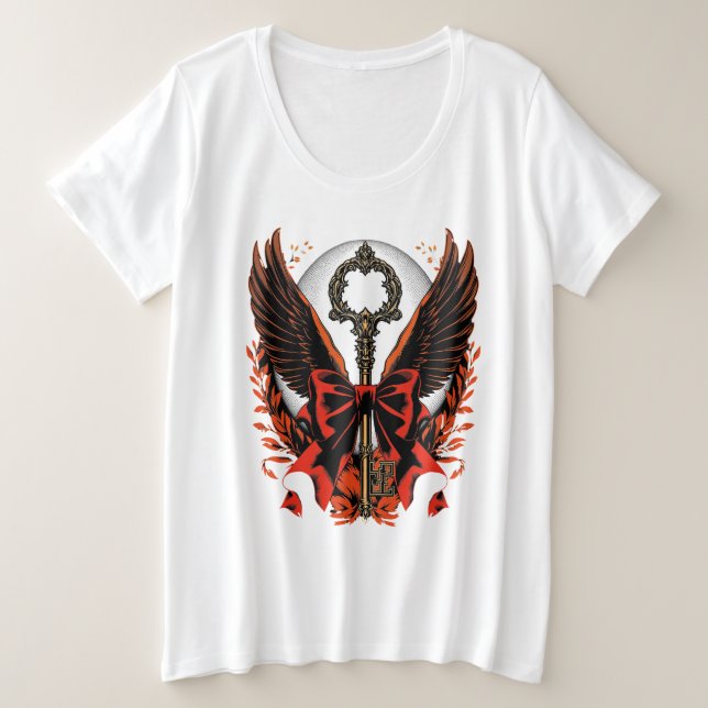 Gothic Velvet Bow Key with Wings & Moon Plus Size T-Shirt (Design Front)