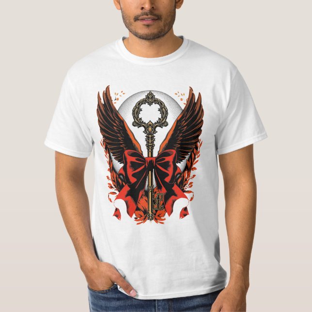 Gothic Velvet Bow Key with Wings & Moon T-Shirt (Front)