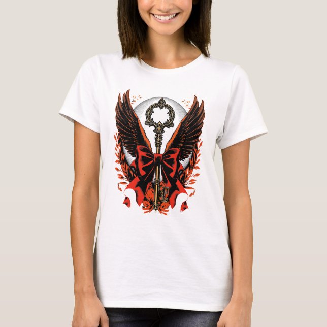 Gothic Velvet Bow Key with Wings & Moon T-Shirt (Front)