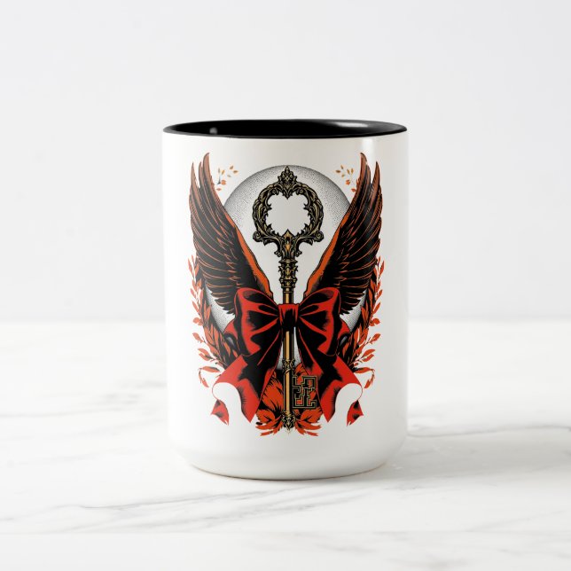 Gothic Velvet Bow Key with Wings & Moon Two-Tone Coffee Mug (Center)