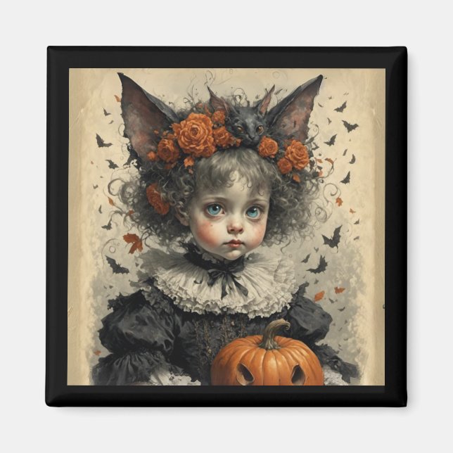 Gothic Victorian Girl Bat Ears & Pumpkin Halloween Magnet (Front)