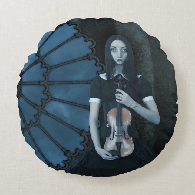 Gothic Victorian Girl Holding Violin Dark Fantasy  Round Cushion (Front)