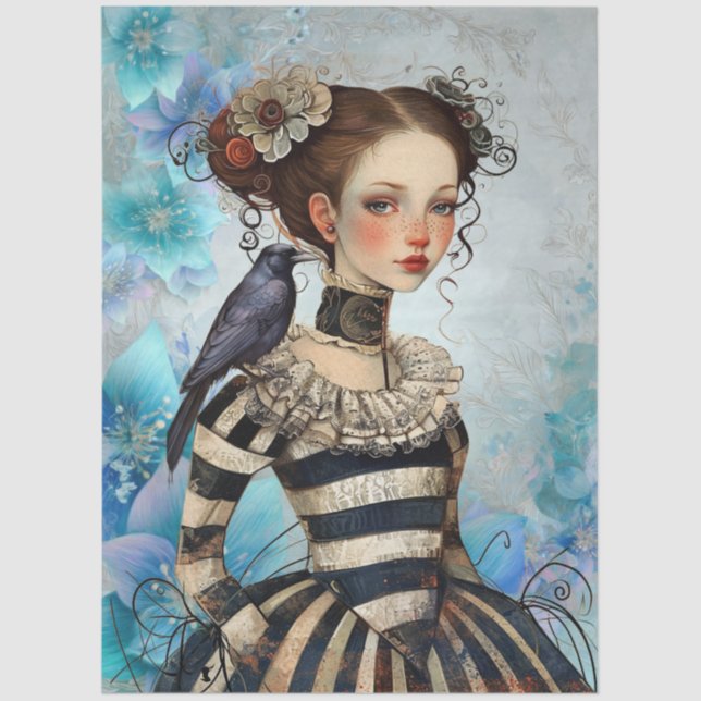 Gothic Victorian Girl & Raven Teal Florals Tissue Paper (Front)