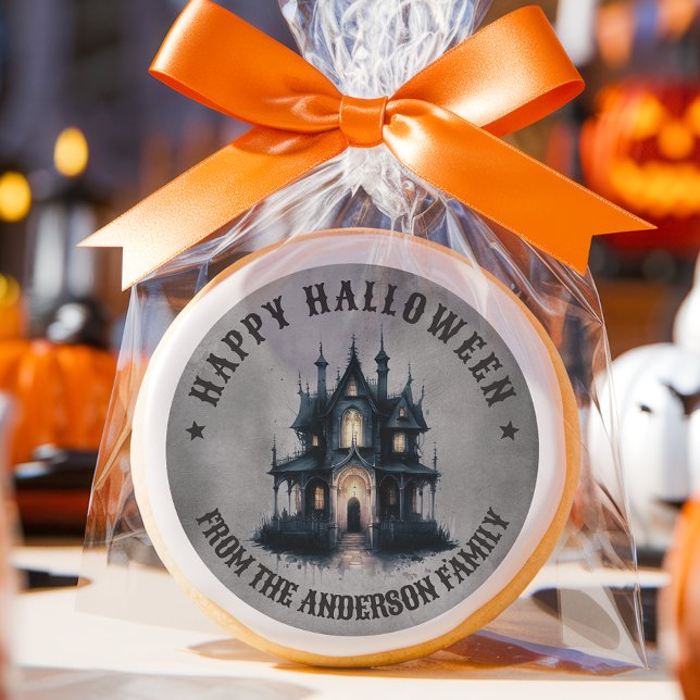 Gothic Victorian Haunted House Happy Halloween Classic Round Sticker (Creator Uploaded)