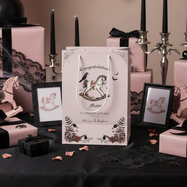 Gothic Victorian Rocking Horse Girl Baby Shower Medium Gift Bag (Gothic Halloween Girl Baby Shower Congratulations Bag. Spooky Vintage Rocking Horse & Pink Roses)