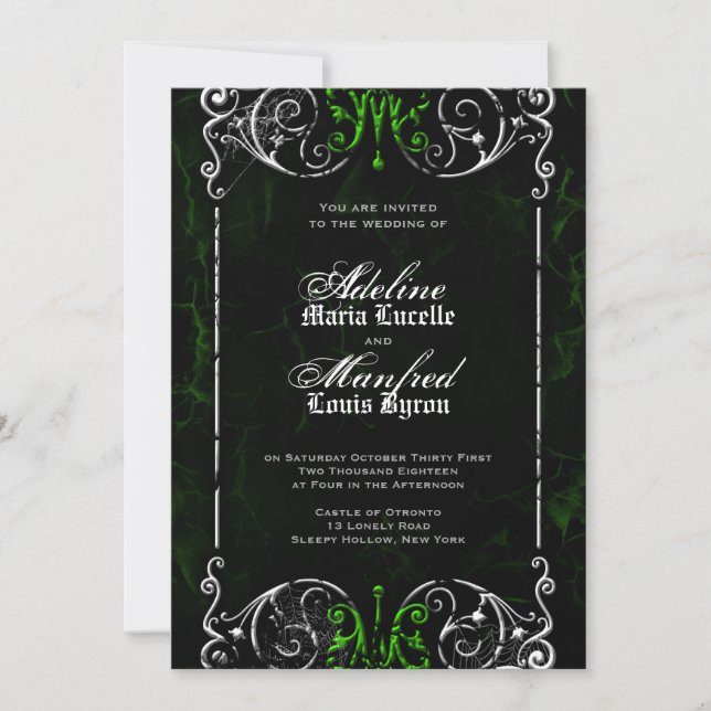 Gothic Victorian Spooky Green Wedding Invite (Front)