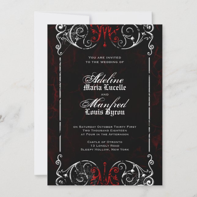 Gothic Victorian Spooky Red, Black & White Wedding Invitation (Front)