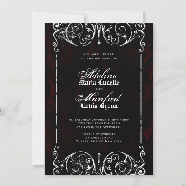 Gothic Victorian Spooky Red, Black & White Wedding Invitation (Front)