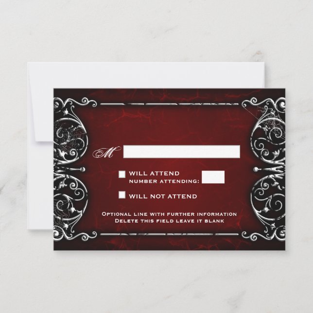 Gothic Victorian Spooky Red & White Wedding RSVP Card (Front)