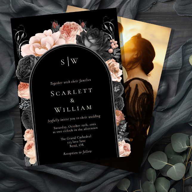 Gothic Vintage Black Arch Monogram Photo Wedding Invitation (Creator Uploaded)