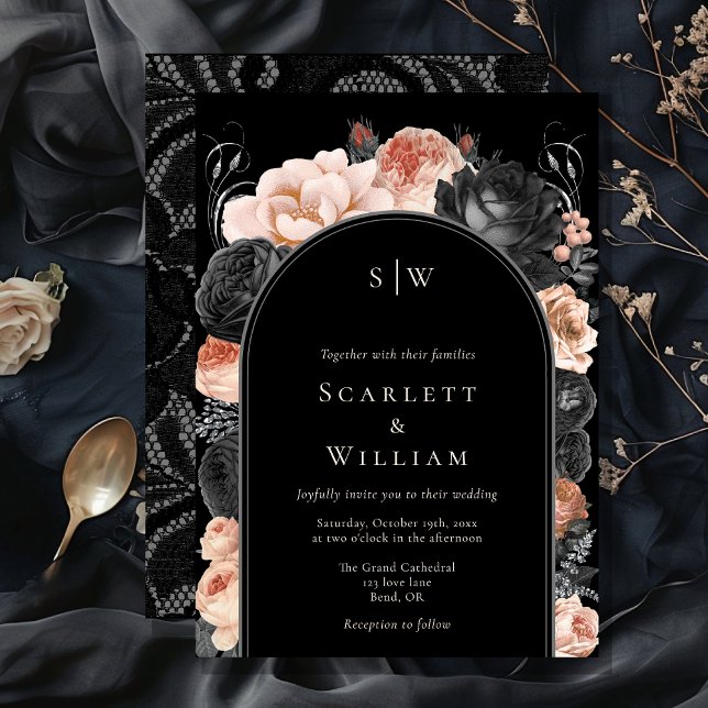 Gothic Vintage Black Blush Arch Monogram Wedding Invitation (Creator Uploaded)