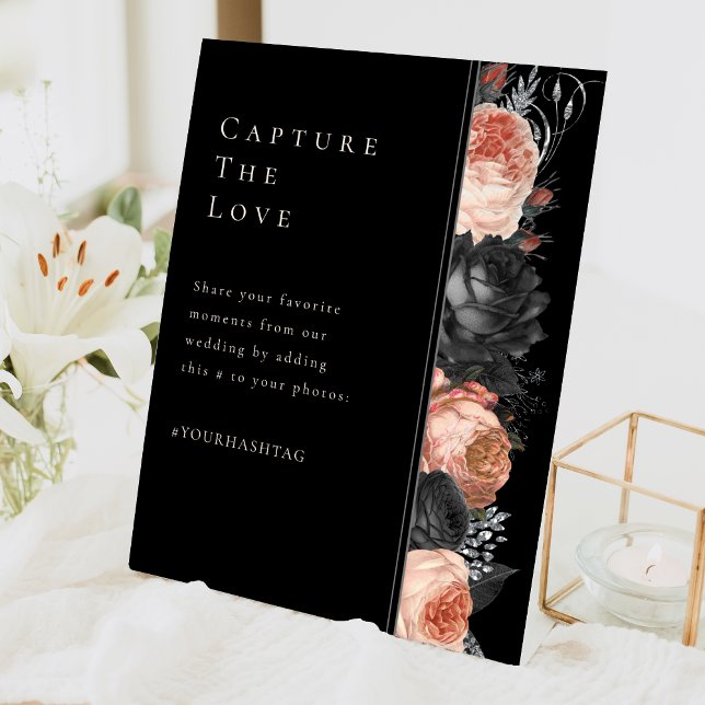 Gothic Vintage Black Blush Wedding Hashtag Pedestal Sign (Creator Uploaded)
