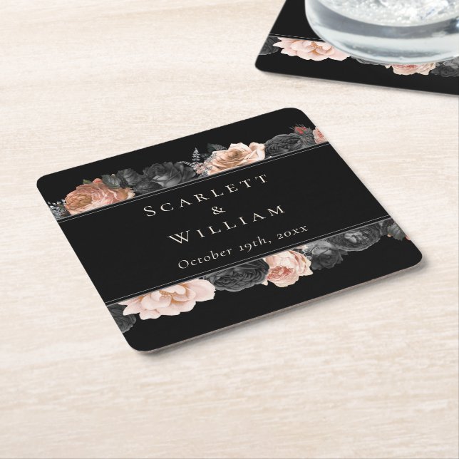 Gothic Vintage Black Blush Wedding Square Paper Coaster (Angled)