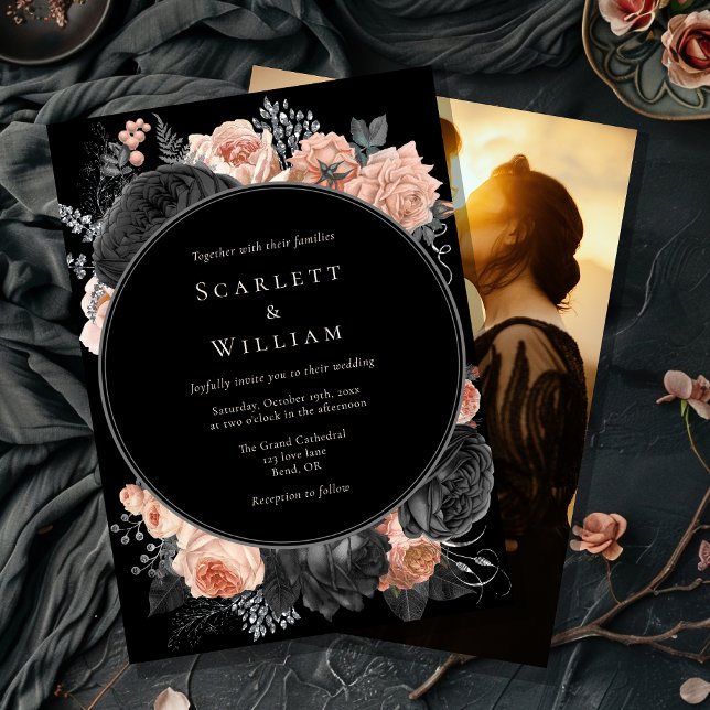 Gothic Vintage Black Dark Blush Photo Wedding Invitation (Creator Uploaded)