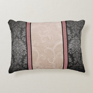 Gothic Vintage Blossoms: Black Damask & Pink Decorative Cushion