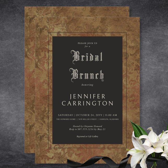 Gothic Vintage Brown Damask Silk Bridal Brunch Invitation (Gothic Vintage Brown Damask Silk Bridal Brunch Invitation)