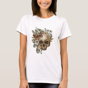 gothic vintage flower skull and butterflies T-Shirt