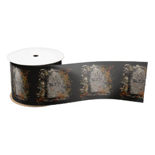 Gothic Vintage R.I.P. Headstone And Fall Leaves Satin Ribbon
