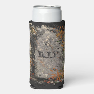 Gothic Vintage R.I.P. Headstone And Fall Leaves Seltzer Can Cooler