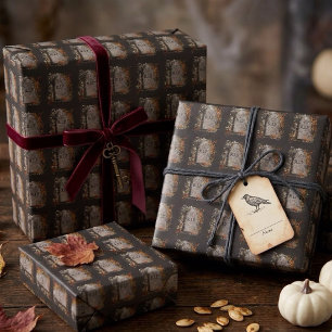 Gothic Vintage R.I.P. Headstone And Fall Leaves Wrapping Paper