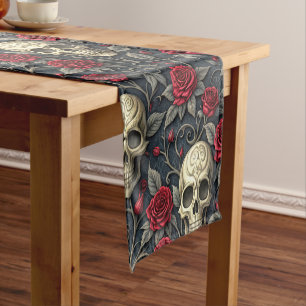 Gothic Vintage Skull and Red Roses Floral Short Table Runner