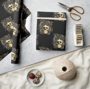 Gothic Vintage Skull Black & Gold Roses  Wrapping Paper